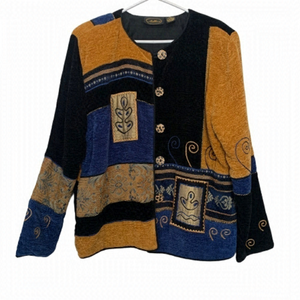 Vintage 80s/90s Chenille Patchwork Art-to-Wear Jacket Boho Tapestry Festival M